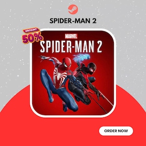 Könnte beinhalten: Werbebild für das Videospiel Spider-Man 2, mit zwei Spider-Man-Charakteren in Actionposen. Der Titel des Spiels ist prominent mit dem Marvel-Logo dargestellt. Ein Rabatt von 50 % wird beworben, mit einer Schaltfläche 'Jetzt bestellen'.
