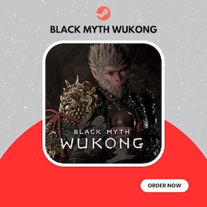 May include: Promotional image for "Black Myth Wukong" featuring a detailed character portrait. The character has a monkey-like face with a golden decorative piece on the shoulder. The game title is displayed in bold white text. A Steam logo is at the top.