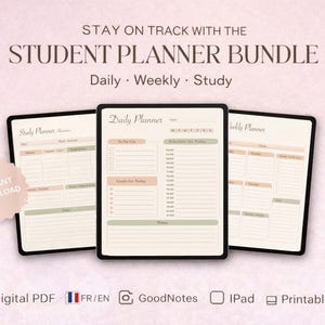 Peut inclure: Un ensemble de planificateurs étudiants numériques avec des modèles de planificateurs quotidiens, hebdomadaires et d'études. L'image montre trois modèles de planificateurs numériques sur un fond rose clair. Le texte dit "STAY ON TRACK WITH THE STUDENT PLANNER BUNDLE".
