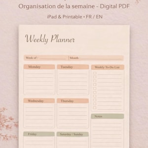 Peut inclure: Un planificateur hebdomadaire numérique sur fond beige clair. Le planificateur comprend des sections pour chaque jour de la semaine, une liste de tâches et des notes. Le texte "Weekly Planner" est en haut, avec du texte en français et en anglais.