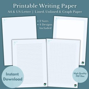 Puede incluir: Papel de escritura imprimible en tamaños A4 y US Letter. La imagen muestra diseños de papel rayado, sin rayar y cuadriculado. El texto dice "2 tamaños" y "4 diseños incluidos". También se ven las palabras "Descarga instantánea" y "Archivos PDF de alta calidad".