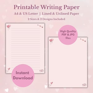 Könnte beinhalten: Druckbares Schreibpapier in den Formaten A4 und US Letter. Enthält Designs mit und ohne Linien. Das rosa Papier zeigt Herz- und Pfeil-Illustrationen. Der Text auf dem Bild lautet "Sofort-Download" und "Hochwertige PDF- und JPG-Dateien."
