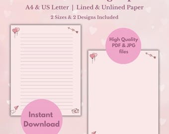 Pink Valentine's Day Writing Paper Set, Lined & Unlined (Digital Download)