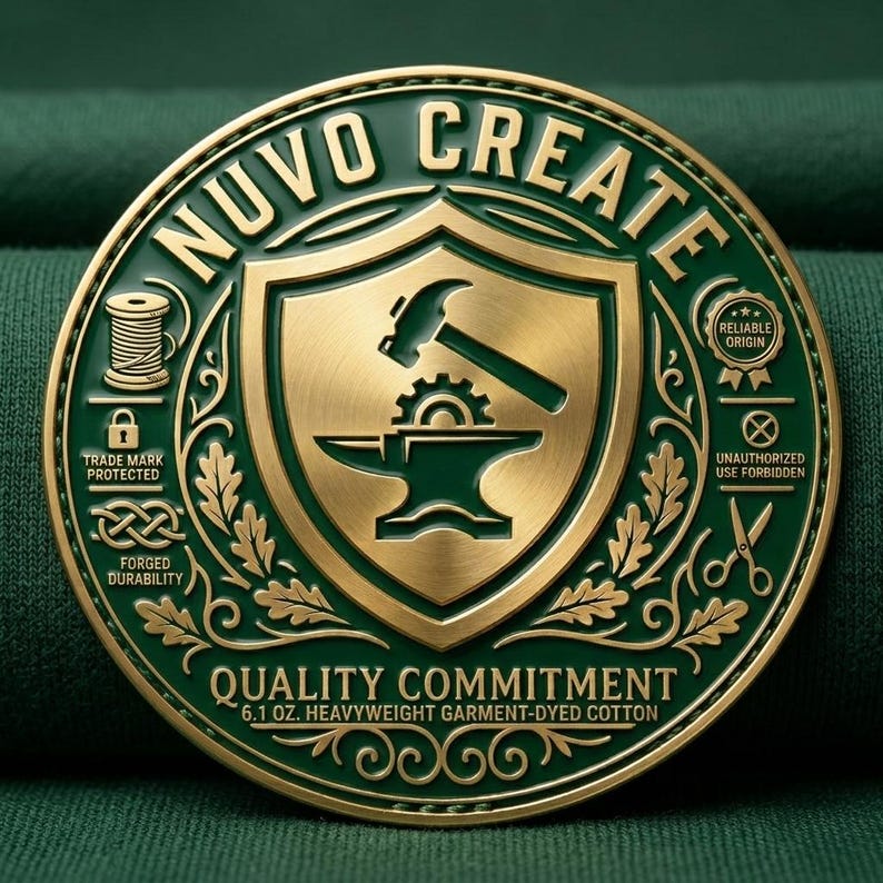 May include: A circular green and gold metal emblem featuring the text NUVO CREATE and QUALITY COMMITMENT 6.1 OZ. HEAVYWEIGHT GARMENT-DYED COTTON. The center displays a shield with a hammer and anvil, surrounded by icons of thread, a lock, and scissors.
