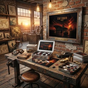 May include: A wooden work table displays a partially assembled jigsaw puzzle with a sunset scene, alongside a metal tin containing more pieces. The framed artwork above and the tin lid both read "Stay Human". Other items include a model car and vintage goggles.