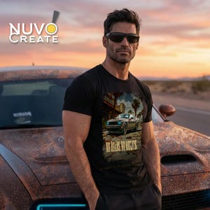 May include: A black short-sleeve t-shirt featuring a graphic print of a muscle car on a desert road with palm trees. The text "NO ROADS. NO RULES." is printed in yellow below the car. The shirt is worn by a person with dark hair and sunglasses.