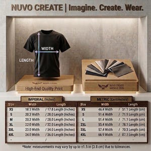 May include: A black t-shirt displayed with a sizing chart featuring width and length measurements in inches. The chart lists sizes from XS to 4XL, with widths ranging from 18.3 to 24.0 inches and lengths from 17.8 to 36.0 inches, including a 1.5 inch tolerance.