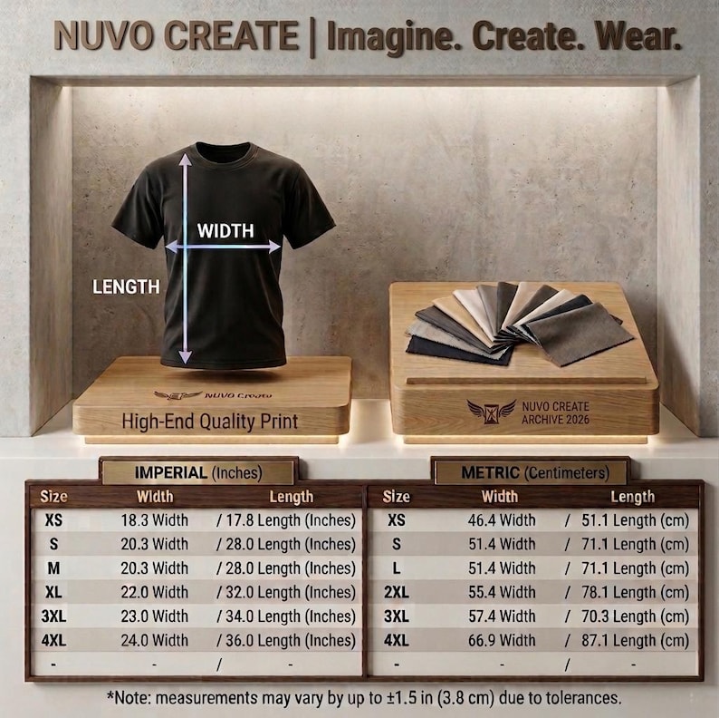 May include: A black t-shirt displayed with a sizing chart featuring width and length measurements in inches. The chart lists sizes from XS to 4XL, with widths ranging from 18.3 to 24.0 inches and lengths from 17.8 to 36.0 inches, including a 1.5 inch tolerance.