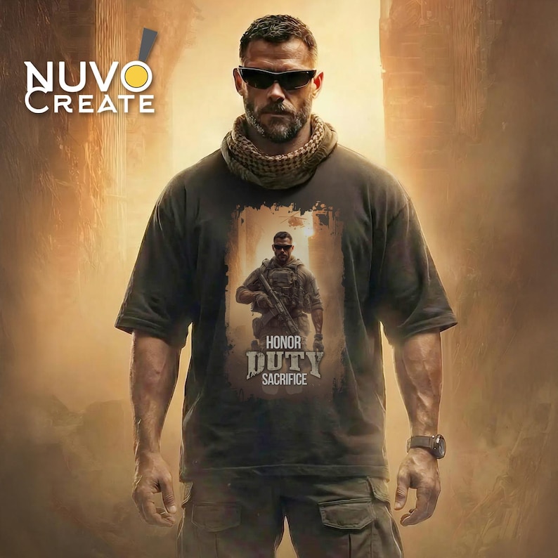 May include: A black short-sleeved t-shirt featuring a graphic print of a soldier in tactical gear with the text "HONOR DUTY SACRIFICE" centered on the chest. The shirt is worn with a tan neck gaiter and dark sunglasses, with the "NUVO CREATE" logo visible.