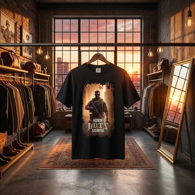 May include: A black short-sleeve t-shirt featuring a graphic print of a soldier in tactical gear holding a rifle. Below the soldier, the text reads HONOR DUTY SACRIFICE in a distressed, weathered font. The shirt is displayed on a wooden hanger.