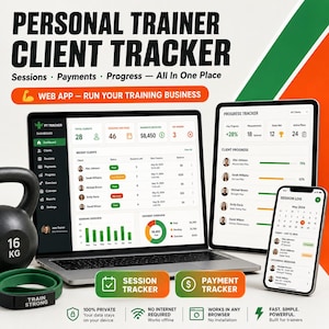 Peut inclure: Une application web de suivi de clients pour entraîneur personnel affichée sur un ordinateur portable, une tablette et un smartphone. Les écrans montrent des tableaux de bord de sessions, paiements et progrès. Un kettlebell noir de 16 kg est présent.