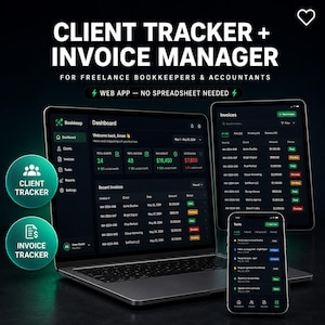 Op de afbeelding: Een web-app voor klantvolgsystemen en factuurbeheer weergegeven op een laptop, tablet en smartphone. De donkere interface toont dashboards met financiële gegevens, klantenlijsten en taakbeheertools voor boekhouders en accountants.