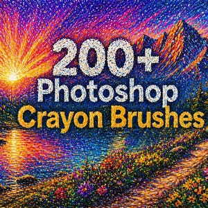 May include: A colourful digital artwork depicting a sunset over mountains and a lake. The image includes the text "200+ Photoshop Crayon Brushes" in white and gold. The art has a textured, pointillist style, with a range of colours.