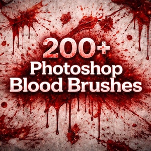 May include: A digital art resource image with a grunge background and red blood splatter effects. The text "200+ Photoshop Blood Brushes" is in white, indicating a collection of brushes for creating blood effects in Photoshop.