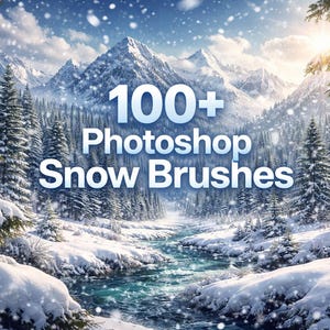 Puede incluir: Un paisaje invernal nevado con árboles y montañas. Un río fluye a través de un valle nevado. El texto "100+ Photoshop Snow Brushes" está superpuesto. La luz del sol crea una atmósfera serena y fría, evocando un paisaje de cuento de hadas.
