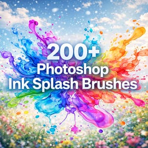 Puede incluir: Una vibrante obra de arte digital que presenta una colorida salpicadura de tinta con el texto "200+ Photoshop Ink Splash Brushes". El fondo muestra un campo de flores bajo un cielo azul con nubes y árboles.