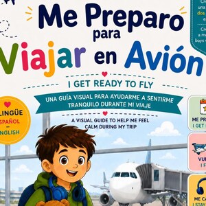 Puede incluir: Un libro guía visual bilingüe en español e inglés titulado Me Preparo para Viajar en Avión I Get Ready to Fly. La portada presenta una ilustración de un niño con un oso de peluche y una maleta en un aeropuerto con un avión de fondo.