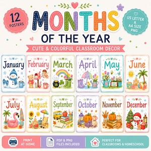 Months of the Year Posters, Classroom Decor, Monthly Calendar