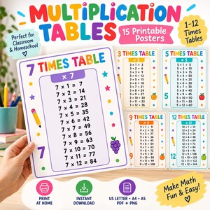 May include: A set of 15 printable multiplication table posters featuring colourful numbers and graphics. The posters display maths equations from 1 to 12, including specific tables for 3, 5, 7, 9, and 12. The text includes "Multiplication Tables," "1-12 Times Tables," "Printable Posters," "Print at Home," "Instant Download," and "US Letter A4 A5 PDF + PNG."