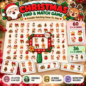 May include: A Christmas Find & Match Game printable set featuring a large sheet of holiday icons like Santa, reindeer, and gifts. Includes a magnifying glass frame, card sets with 60 2x2 cards and 36 1x3 cards, plus PDF and PNG file labels.
