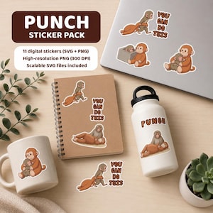 May include: A digital sticker pack featuring brown monkey illustrations with the text "PUNCH" and "YOU CAN DO THIS". The set includes 11 designs in SVG and PNG formats, displayed on a laptop, a spiral notebook, a white mug, and a white water bottle.