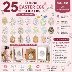 25 blommiga påskäggsklistermärken, vårmönster (SVG PNG) (digital nedladdning)
