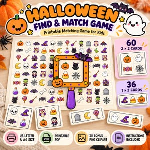Pode incluir: Um jogo de encontrar e combinar de Halloween para crianças com uma folha de atividades cheia de ícones assustadores, uma moldura de lupa e cartões de correspondência. O conjunto inclui 60 cartões 2x2, 36 cartões 1x3, arquivos PDF imprimíveis em tamanhos US Letter e A4, e 20 imagens clipart PNG bônus.