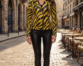Yellow Black Zebra Print Moto Jacket, Patent Leather Biker Jacket, Women's Fashion