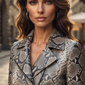 May include: A jacket featuring a grey and black snakeskin pattern with a notched collar and a central black zipper closure. The garment has long sleeves and a structured fit, showcasing a detailed reptilian texture across the entire surface.