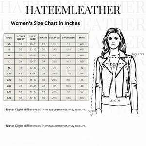 May include: A size chart for a jacket labeled HATEEMLEATHER with a table listing measurements in inches for sizes XS through 6XL. The chart includes columns for jacket chest, chest size, waist, sleeves, shoulder, and hips, alongside a line drawing of a jacket.