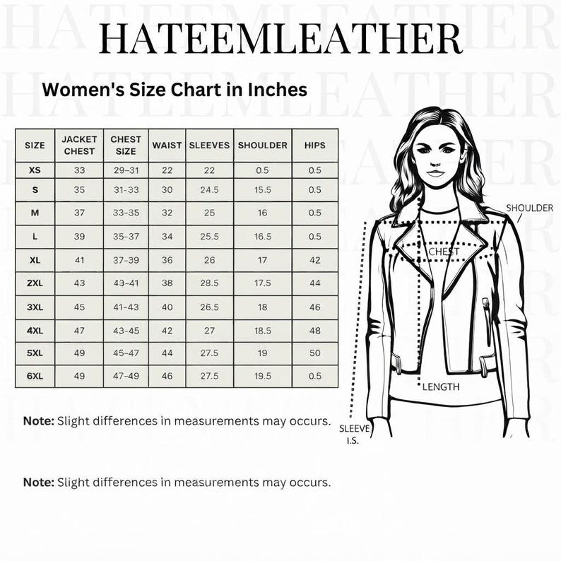 May include: A size chart for a jacket labeled HATEEMLEATHER with a table listing measurements in inches for sizes XS through 6XL. The chart includes columns for jacket chest, chest size, waist, sleeves, shoulder, and hips, alongside a line drawing of a jacket.