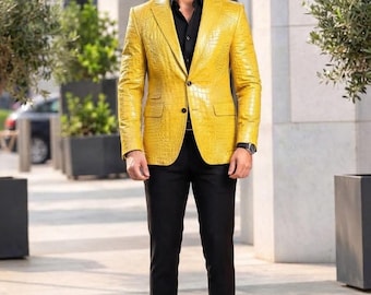 Men's Yellow Crocodile Embossed Leather Blazer | Glossy Patent Finish, Slim Fit Coat