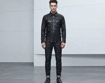 Men's Goth Punk Black Leather Jacket with Metal Buckles & D-Rings with Straps