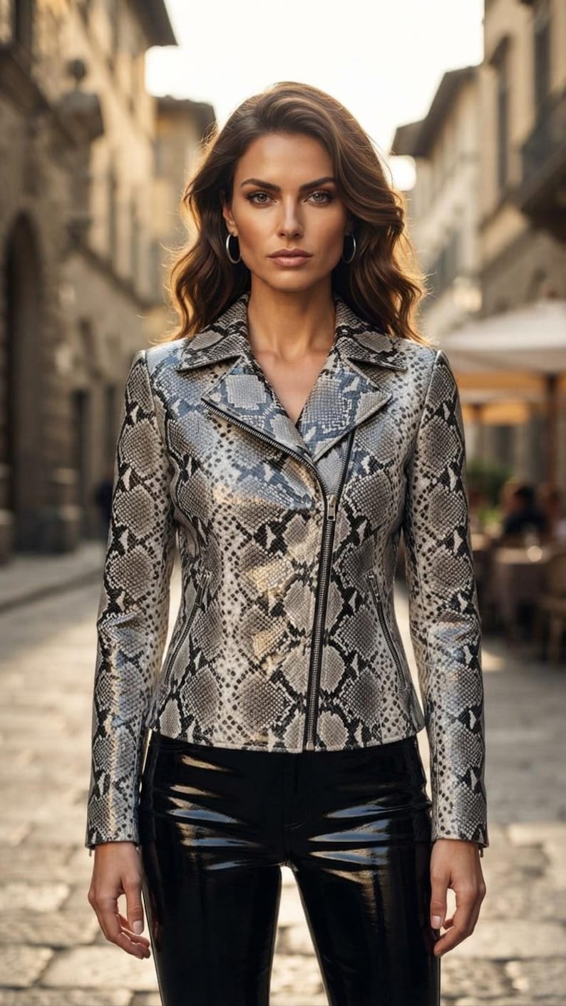 May include: A fitted jacket featuring a grey and black snakeskin pattern with a notched collar and an asymmetrical silver-toned zipper closure. The jacket has long sleeves and is paired with black high-gloss trousers.