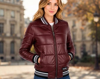 Burgundy Quilted Sheepskin Leather Bomber Jacket, Striped Ribbed Cuffs, Slim Fit
