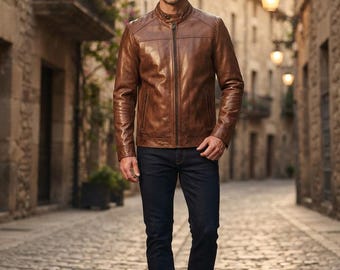 Men's Brown Leather Jacket | Café Racer Style, Distressed Finish