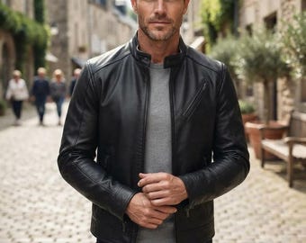 Men's Black Sheepskin Leather Jacket, Café Racer Moto Style, Handmade Slim Fit Coat
