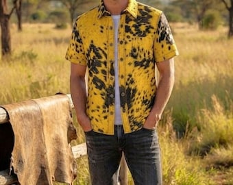 Men's Real Hair-on Cowhide Leather Western Shirt Jacket | Spotted Cow Fur Rancher Snap Button