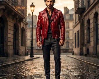 Red Genuine Sheepskin Leather Biker Jacket, Asymmetrical Zip, Live to Ride Back Art