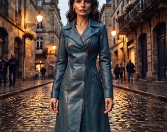 Teal Blue Leather Long Coat | Asymmetric Zipper Trench Jacket, Handmade Outerwear