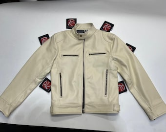 Handmade Cream Leather Motorcycle Jacket - Men’s Armor Ready Café Racer Biker Jacket