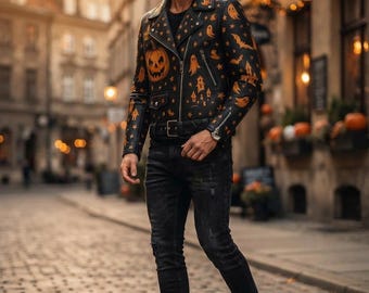 Halloween Leather Jacket for Men, Black Pumpkin Sheepskin Biker style