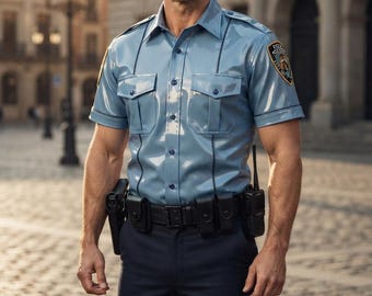 Men's Genuine Leather Short Sleeve Police Shirt – Blue Patrol Uniform Shirt with Patches