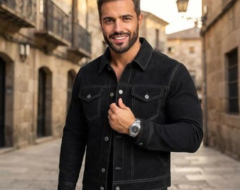 Men's Black Suede Leather Trucker Jacket, Cowhide Western Button-Up Coat, Vintage Denim Style Outerwear