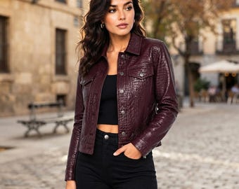 Maroon Crocodile Embossed Leather Jacket | Cropped Moto Biker Coat (Oxblood)