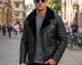 Men's Genuine Sheepskin Leather Jacket, Shearling Lined Aviator Biker Coat (Black)