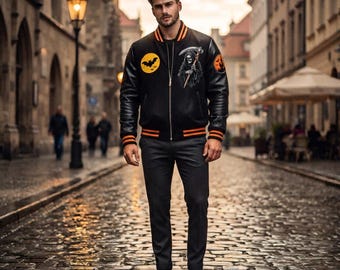 Grim Reaper Varsity Jacket, Wool Leather Sleeve Bomber, Halloween Costume (XS-5XL)