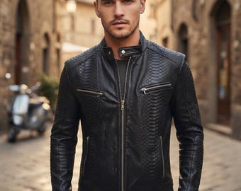 Men's Black Snake Embossed Leather Jacket, Genuine Leather Python Print Biker Coat