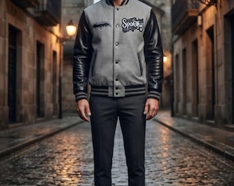 Men's Grey Wool Varsity Jacket, Black  lambskin Leather Sleeves, Embroidered Patches (Letterman Style)