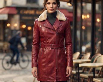 Red Leather Trench Coat with Faux Fur Collar, Belted Biker Jacket for Women